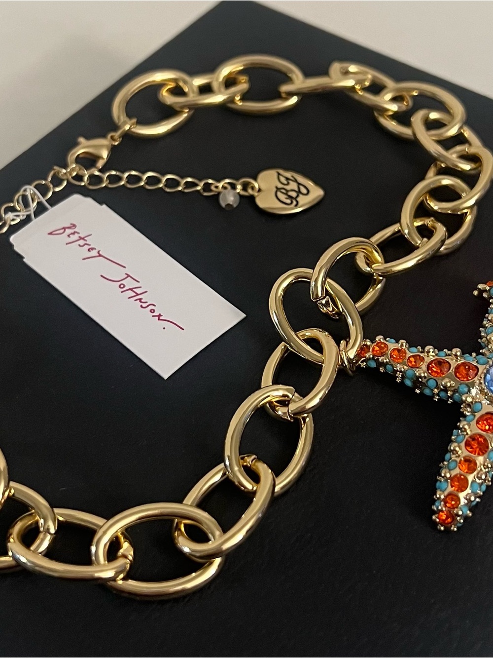 Betsey Johnson Gold-Tone Chain Necklace with Orange & Aqua Starfish Pendant - Picture 12 of 16
